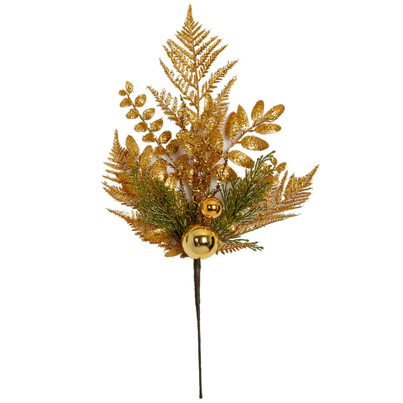 21" Glittered Artificial Mixed Leaf & Shiny Ball Stem -Gold (Pack of 12)