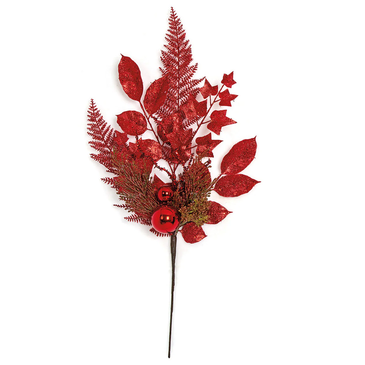21" Glittered Artificial Mixed Leaf & Shiny Ball Stem -Red (Pack of 12)