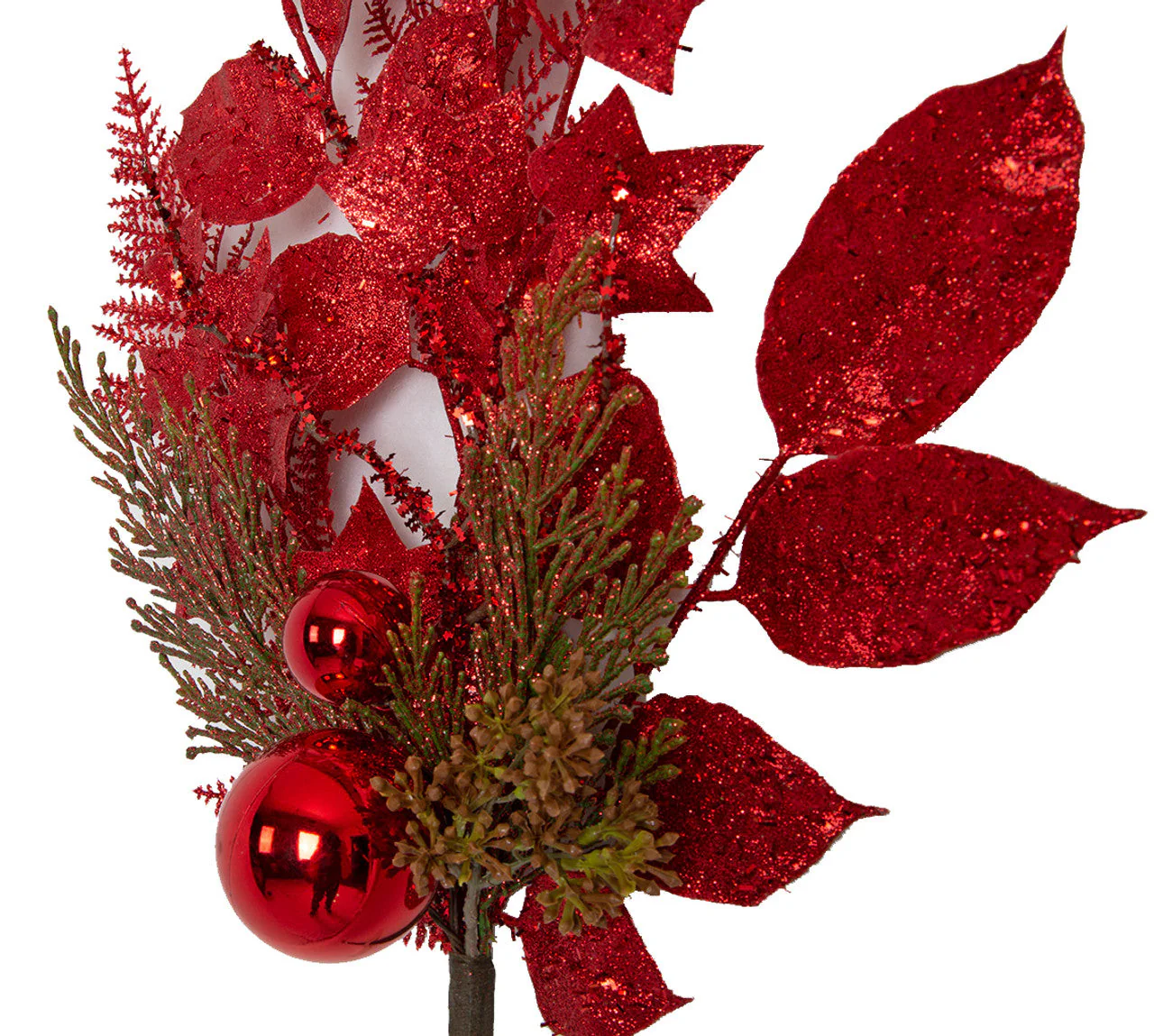21" Glittered Artificial Mixed Leaf & Shiny Ball Stem -Red (Pack of 12) - Image 2