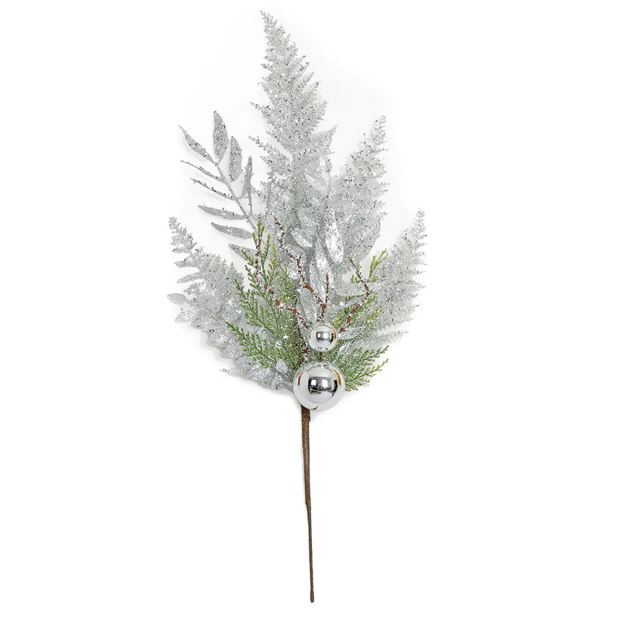 21" Glittered Artificial Mixed Leaf & Shiny Ball Stem -Silver (Pack of 12)