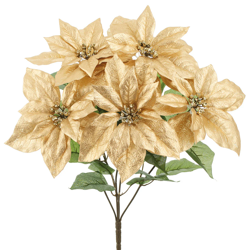 21" Metallic Poinsettia Artificial Flower Bush -Gold (Pack of 12)