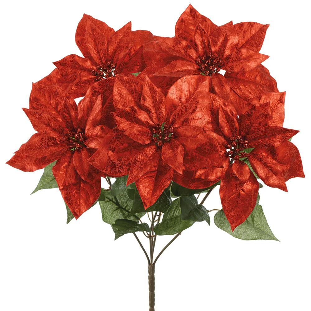 21" Metallic Poinsettia Artificial Flower Bush -Red (Pack of 12)