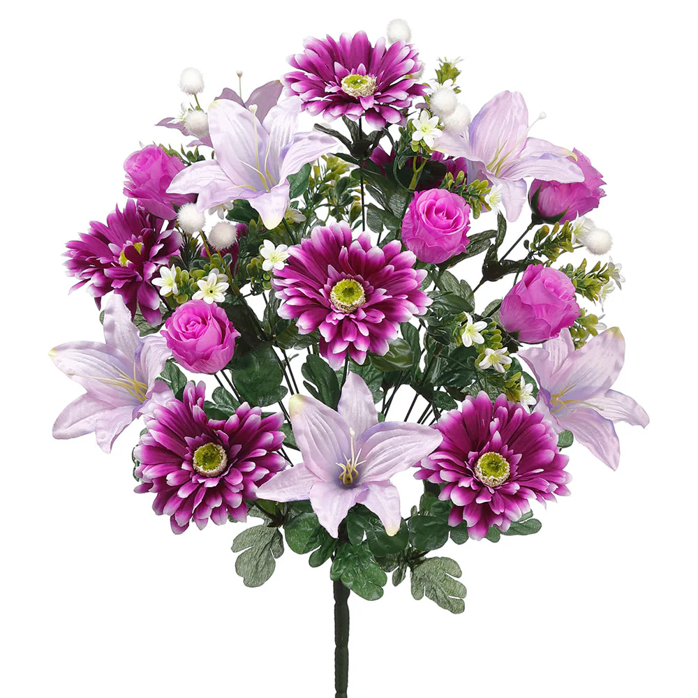 21" Mixed Lily, Gerbera Daisy & Rose Bud Silk Flower Bush -Purple/Lavender (Pack of 6)