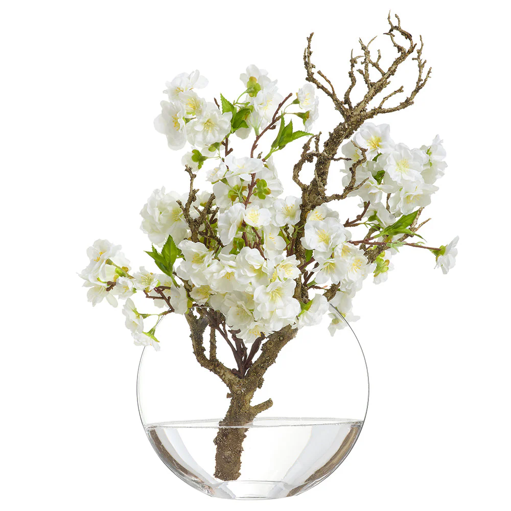 21"Hx15"W Cherry Blossom Branch Silk Flower Arrangement w/Glass Vase -White