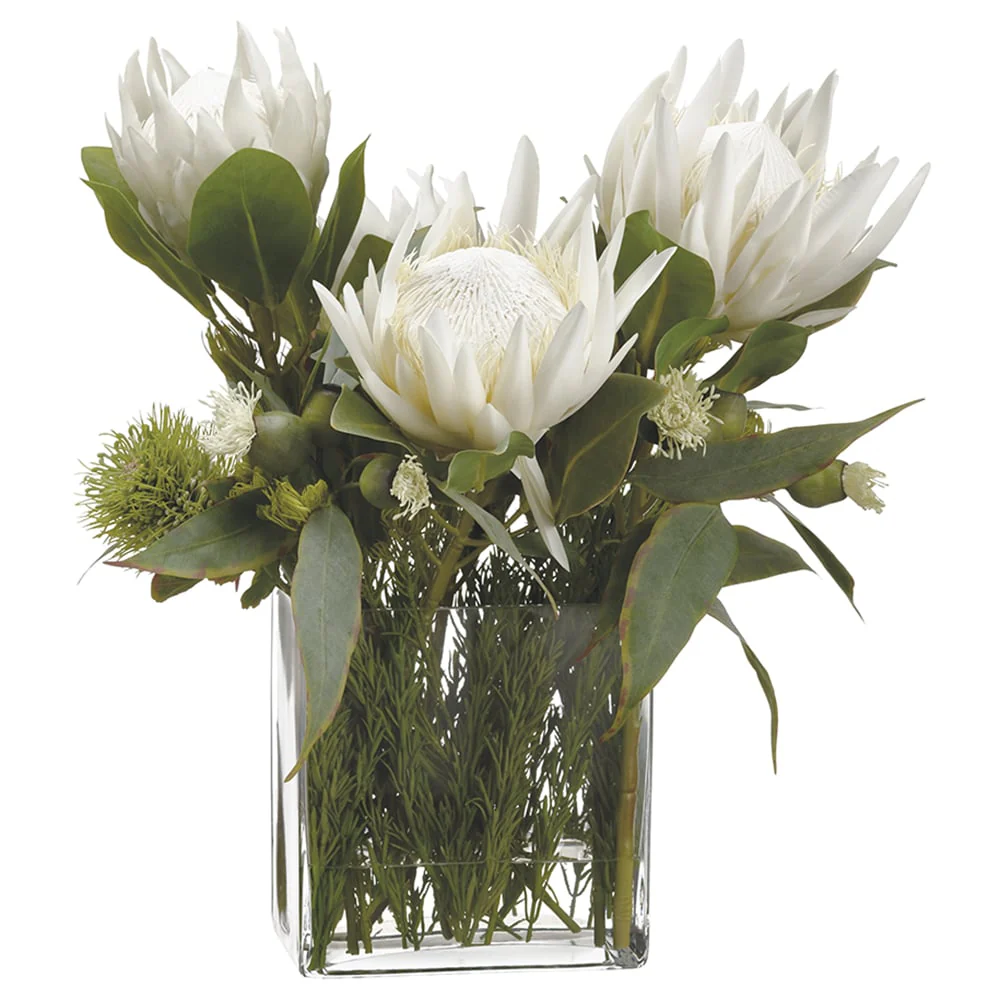 21"Hx21"W Protea, Rosemary & Wolly Silk Flower Arrangement -Cream/Green