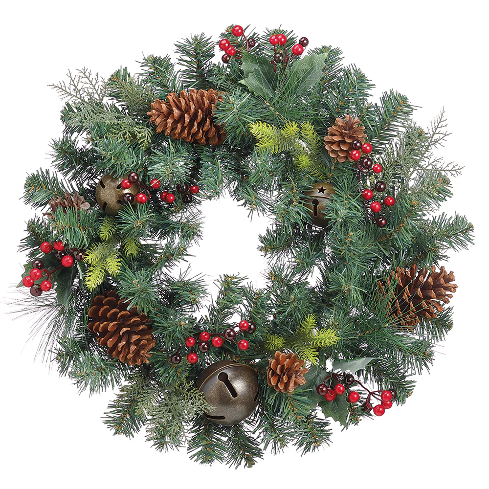22" Artificial Bell, Pinecone, Berry & Pine Wreath -Red/Brown (Pack of 6)