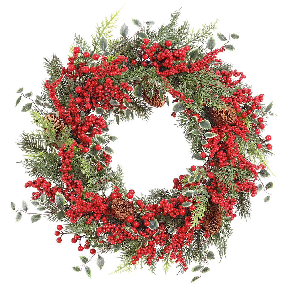 22" Artificial Holly, Berry, Pinecone & Pine Wreath -Green/Red