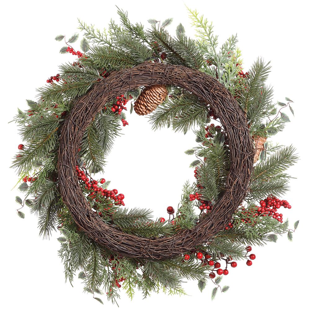 22" Artificial Holly, Berry, Pinecone & Pine Wreath -Green/Red - Image 2
