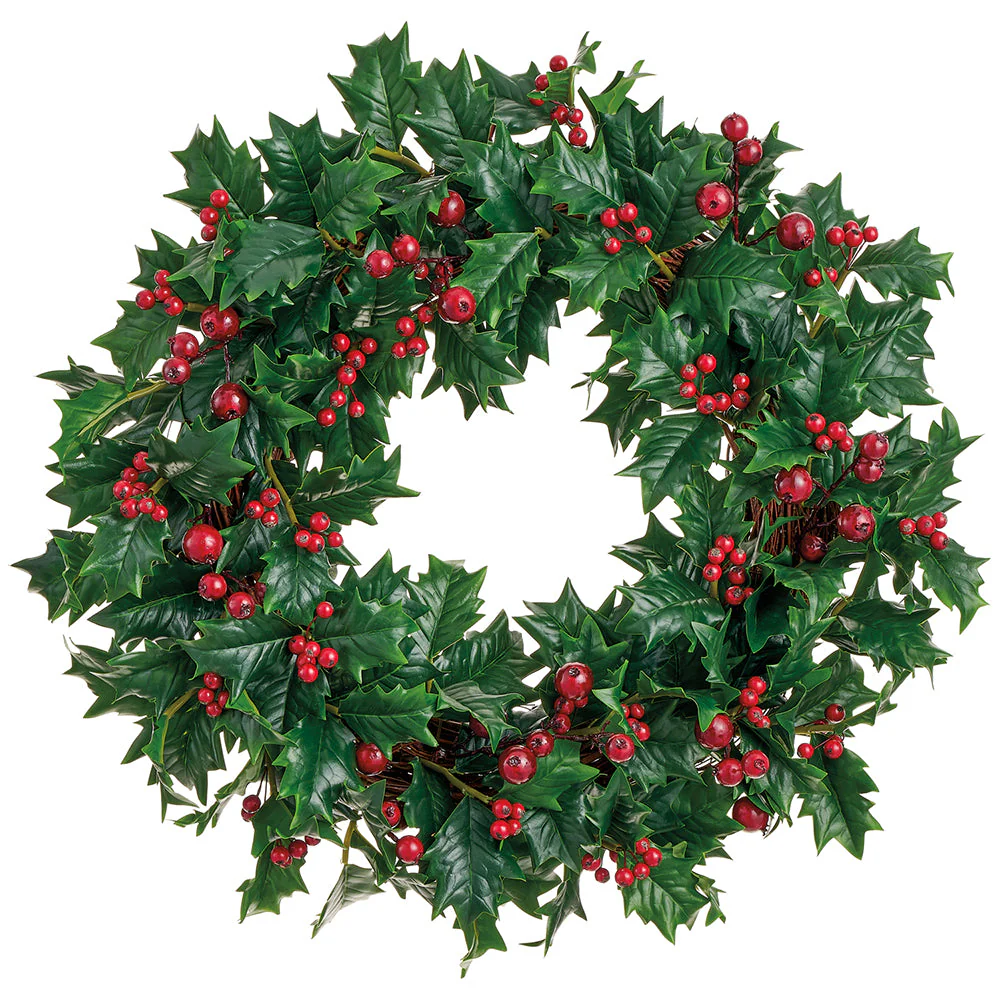 22" Artificial Holly Leaf & Berry Wreath -Green/Red (Pack of 4)