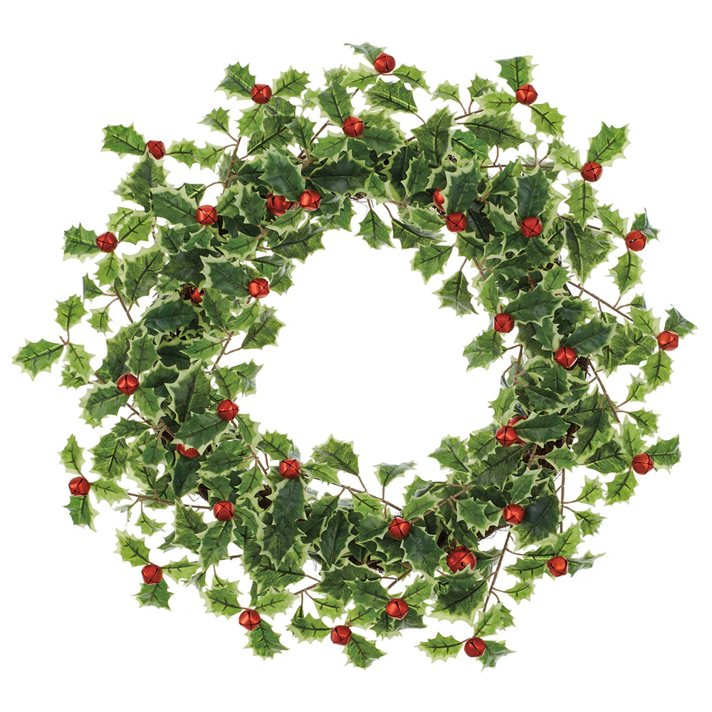 22" Artificial Holly Leaf With Jingle Bells Wreath -Variegated/Red (Pack of 2)