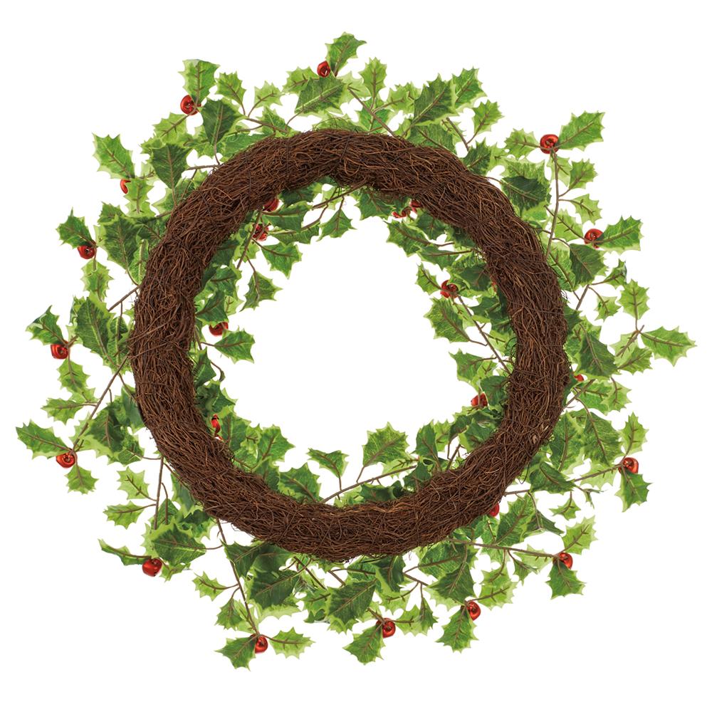 22" Artificial Holly Leaf With Jingle Bells Wreath -Variegated/Red (Pack of 2) - Image 2