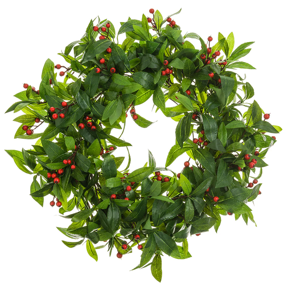 22" Artificial Laurel Leaf & Berry Wreath -Green/Red (Pack of 2)