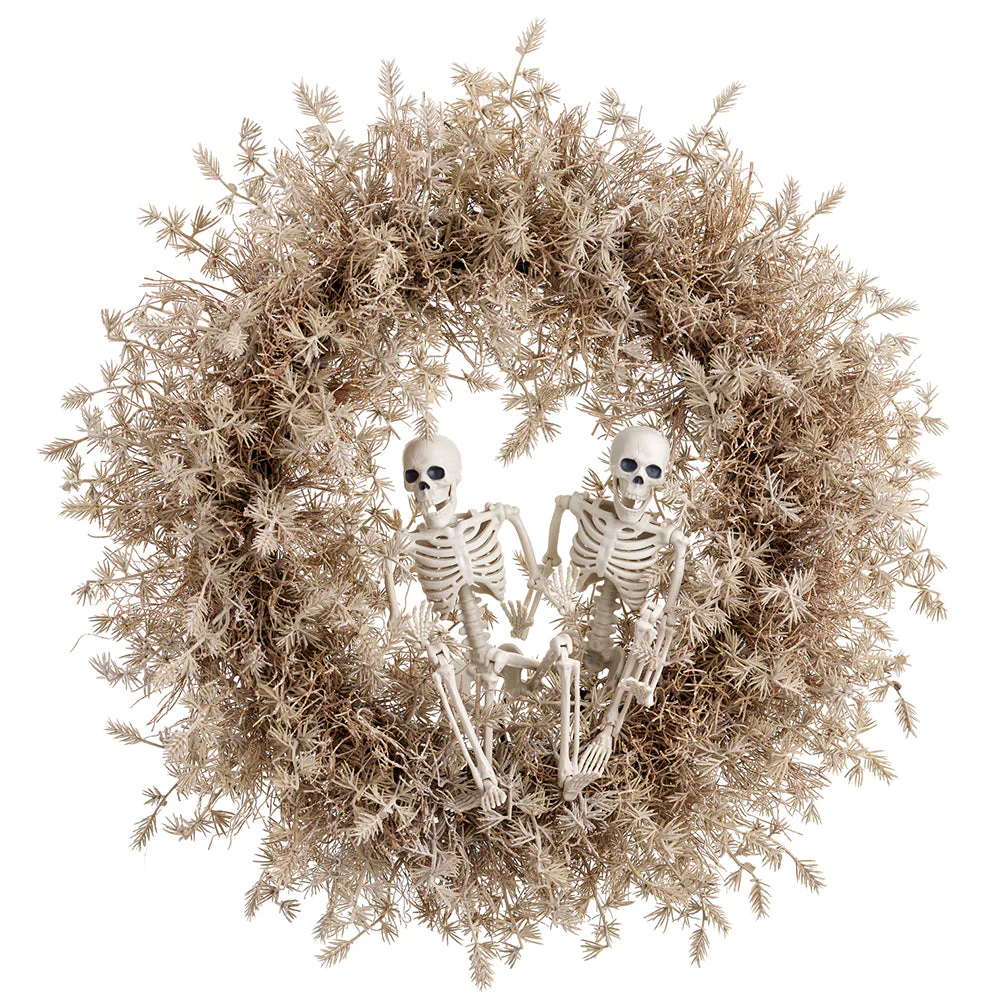 22" Artificial Pine Wreath With Skulls -Beige/Gray (Pack of 4)