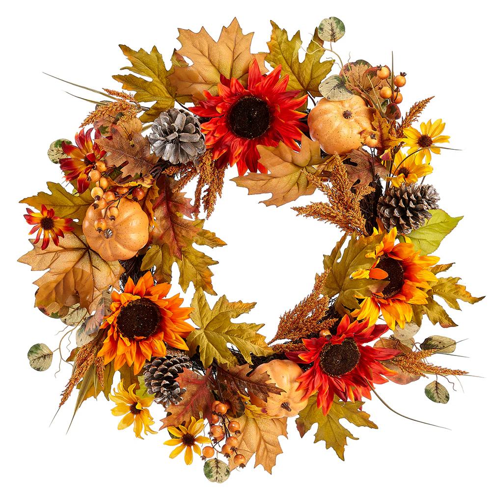 22" Artificial Sunflower, Pumpkin & Pinecone Wreath -Fall (Pack of 4)