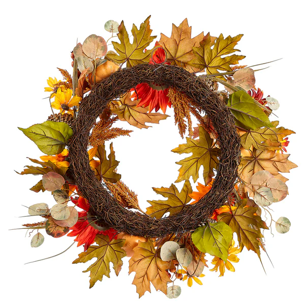 22" Artificial Sunflower, Pumpkin & Pinecone Wreath -Fall (Pack of 4) - Image 2