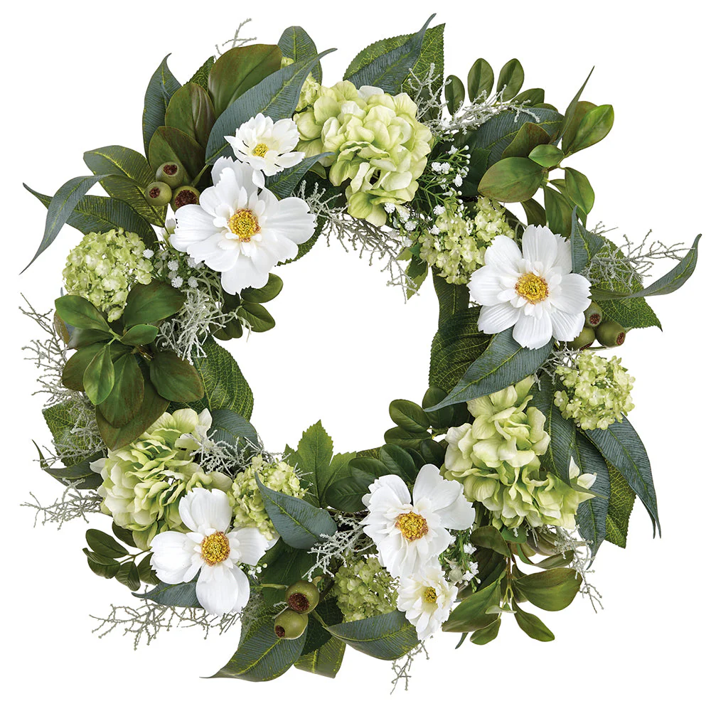 22" Cosmos, Hydrangea & Snowball Silk Flower Wreath -White/Green