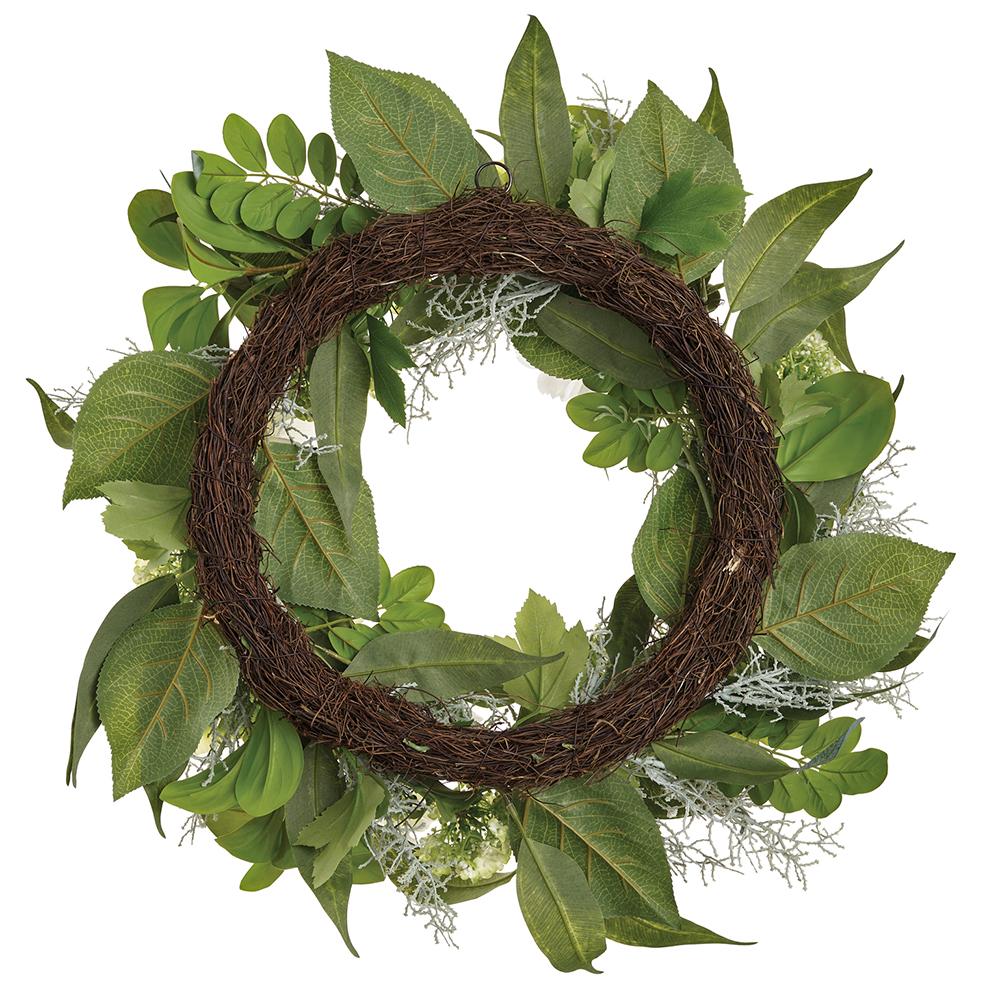 22" Cosmos, Hydrangea & Snowball Silk Flower Wreath -White/Green - Image 2