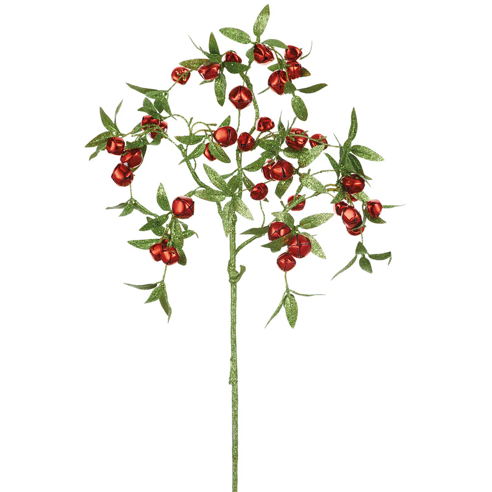 22" Glittered Artificial Leaf Stem With Bells -Red/Green (Pack of 12)