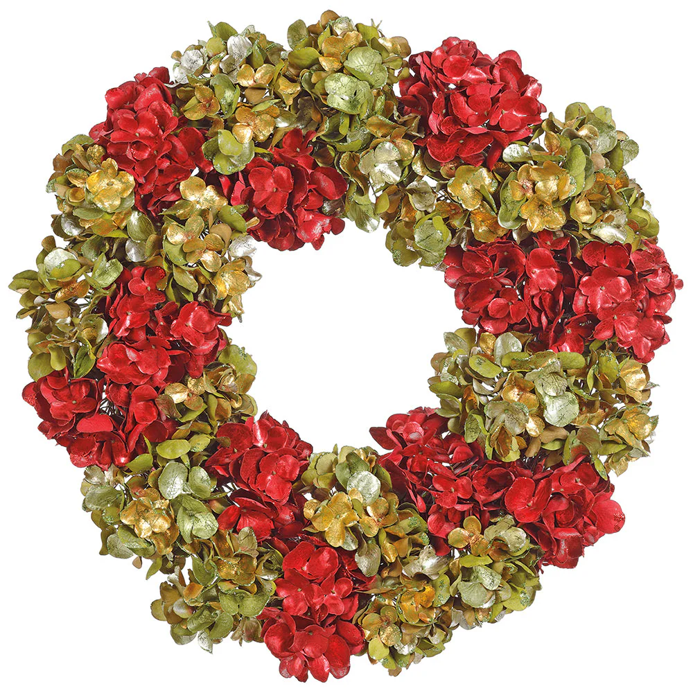 22" Glittered Metallic Silk Hydrangea Wreath -Red/Green (Pack of 4)