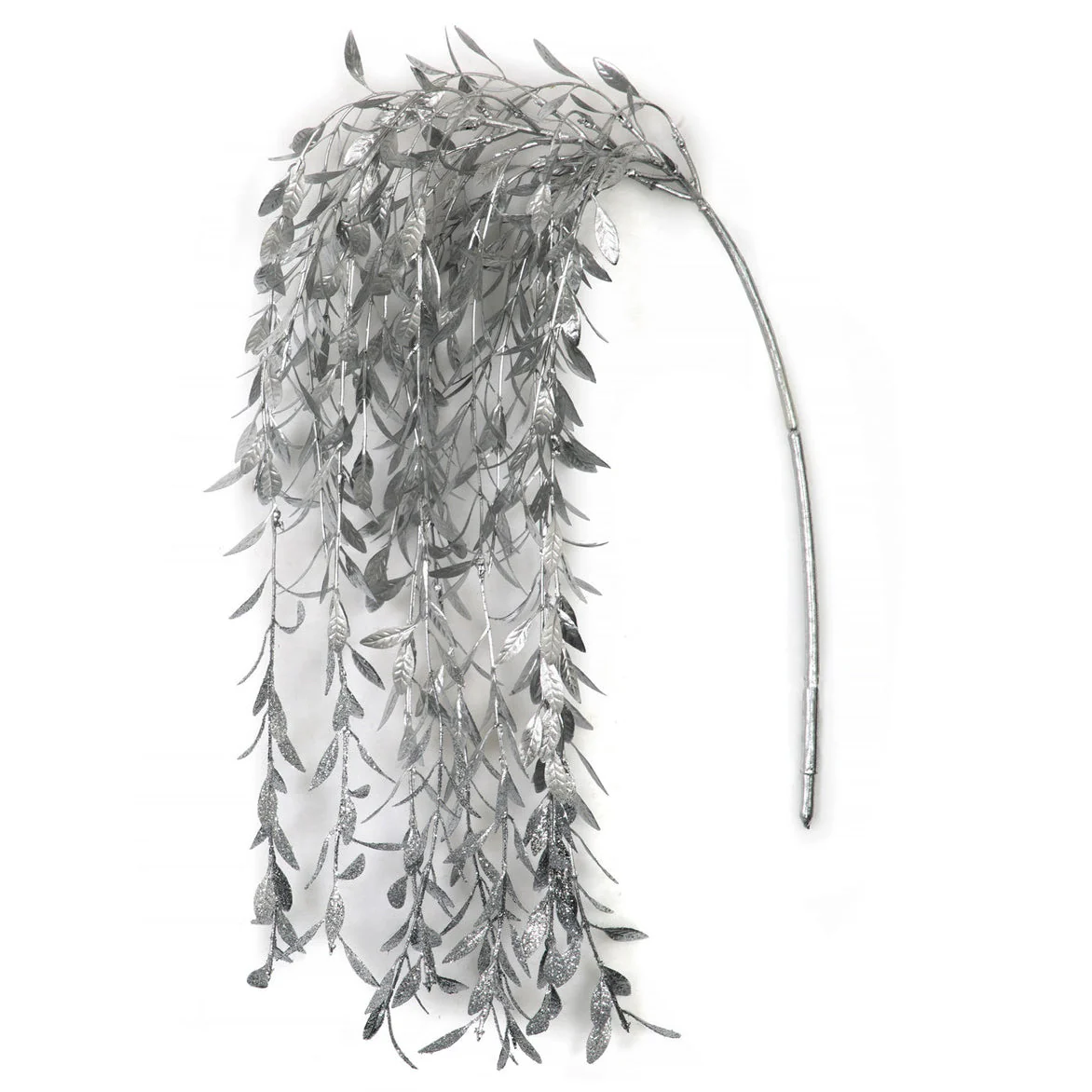 22" Hanging Metallic & Glittered Artificial Leaf Stem -Silver (Pack of 12)
