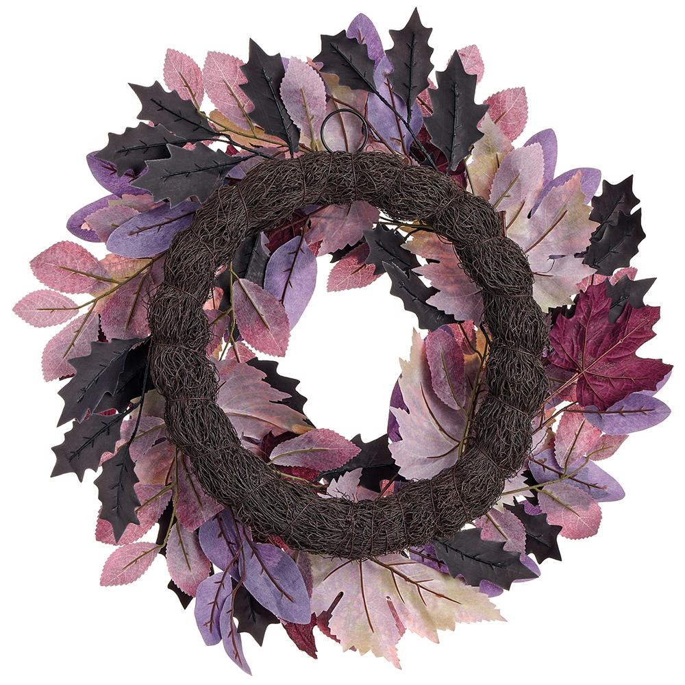 22" Mixed Maple & Oak Leaf Silk Wreath -2 Tone Purple (Pack of 4) - Image 2