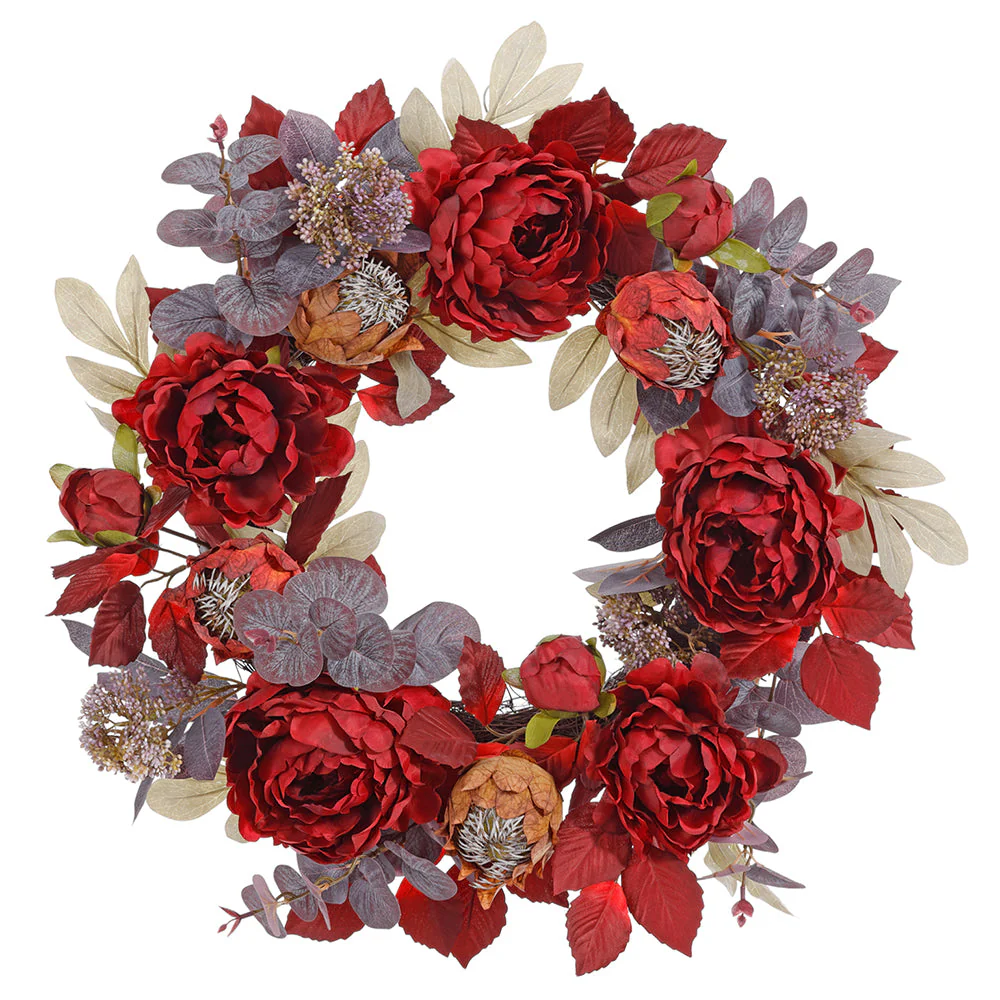 22" Peony Flower, Protea & Eucalyptus Leaf Silk Wreath -Burgundy