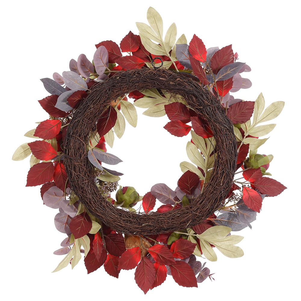 22" Peony Flower, Protea & Eucalyptus Leaf Silk Wreath -Burgundy - Image 2