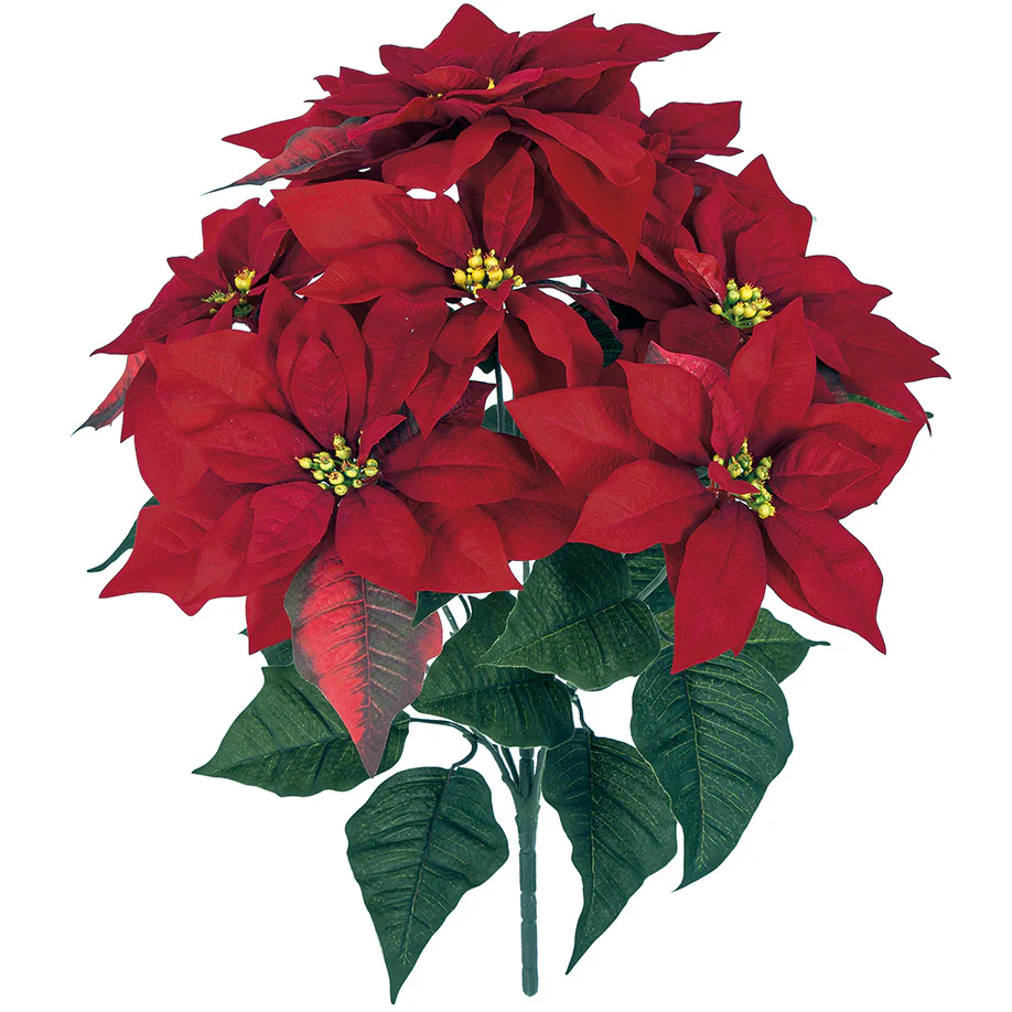 22" Velvet Poinsettia Artificial Flower Bush -Red (Pack of 6)