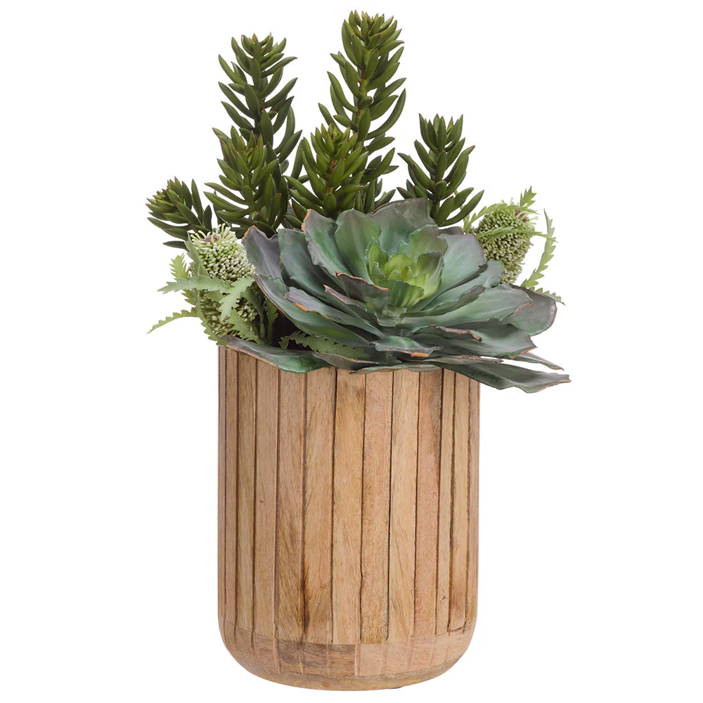 22"Hx15"W Mixed Succulent Garden Artificial Plant w/Wood Planter -2 Tone Green