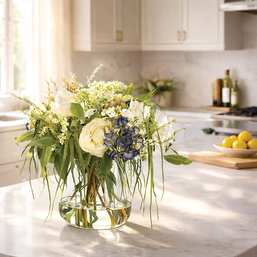 22"Hx26"W Peony & Hydrangea Silk Flower Arrangement w/Glass Vase -White/Blue - Image 2