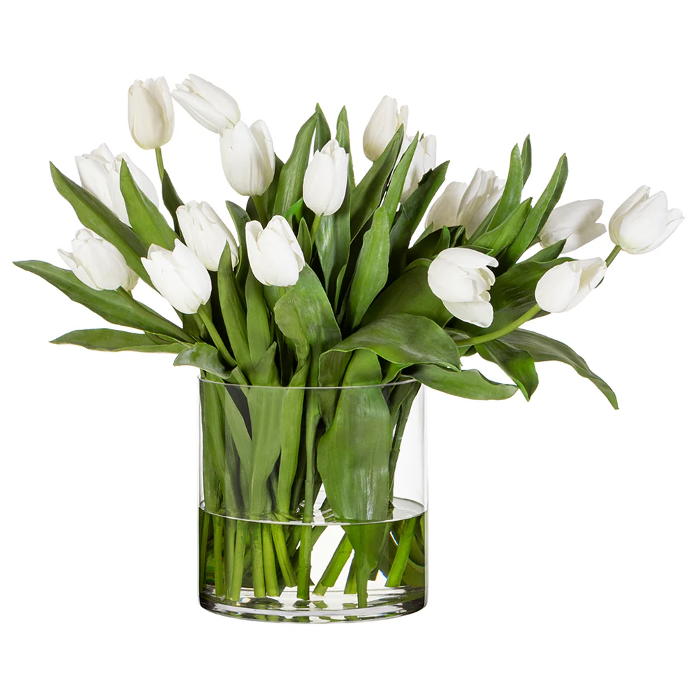 22"Hx30"W Silk French Tulip Flower Arrangement w/Glass Vase -White/Green