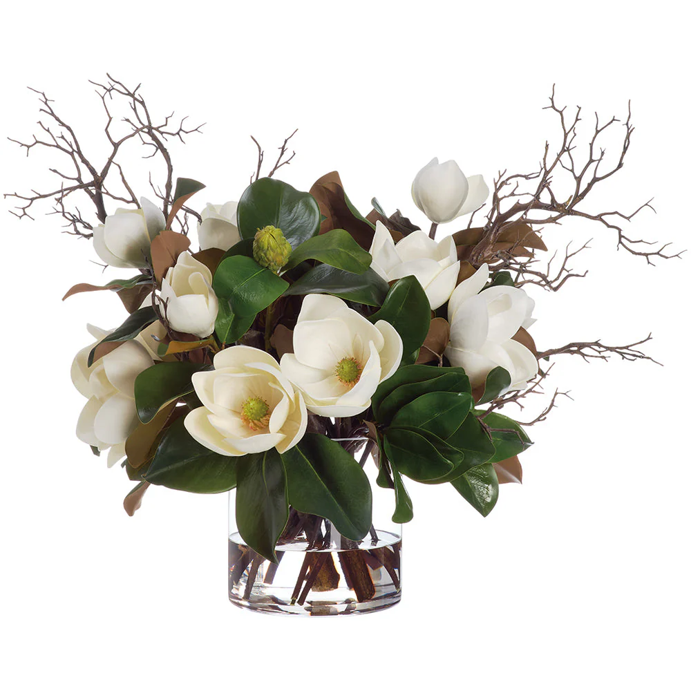 23.5"Hx32"W Magnolia Silk Flower Arrangement w/Glass Vase -White