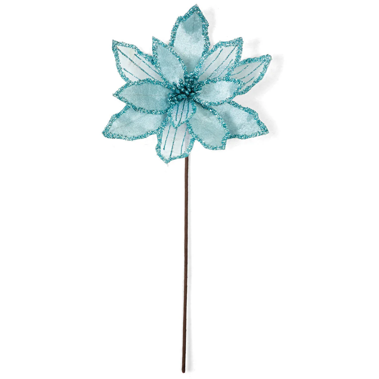 23" Glittered & Beaded Silk Poinsettia Velvet Flower Stem -Blue (Pack of 24)