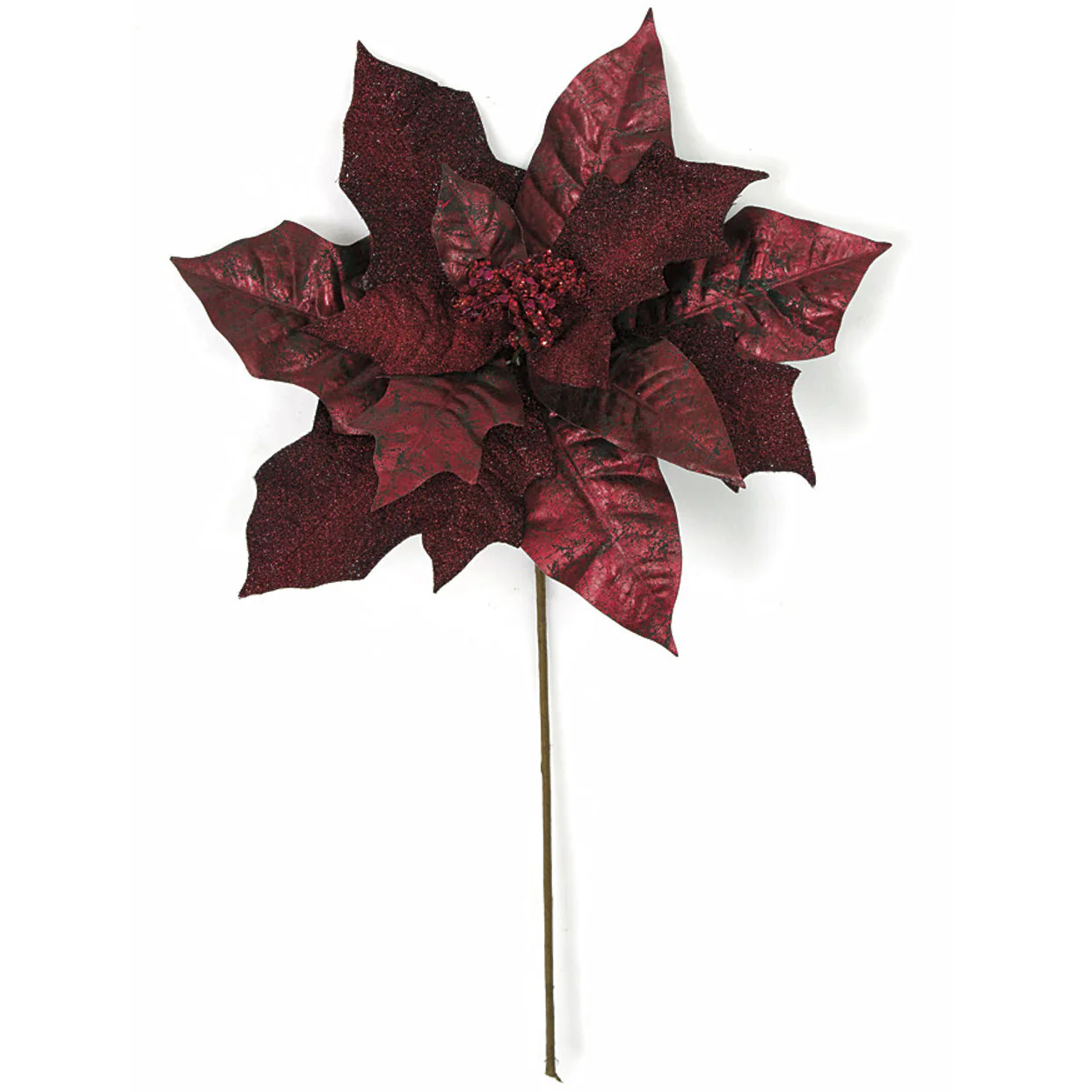 23" Glittered & Metallic Silk Poinsettia Flower Stem -Burgundy/Wine (Pack of 24)