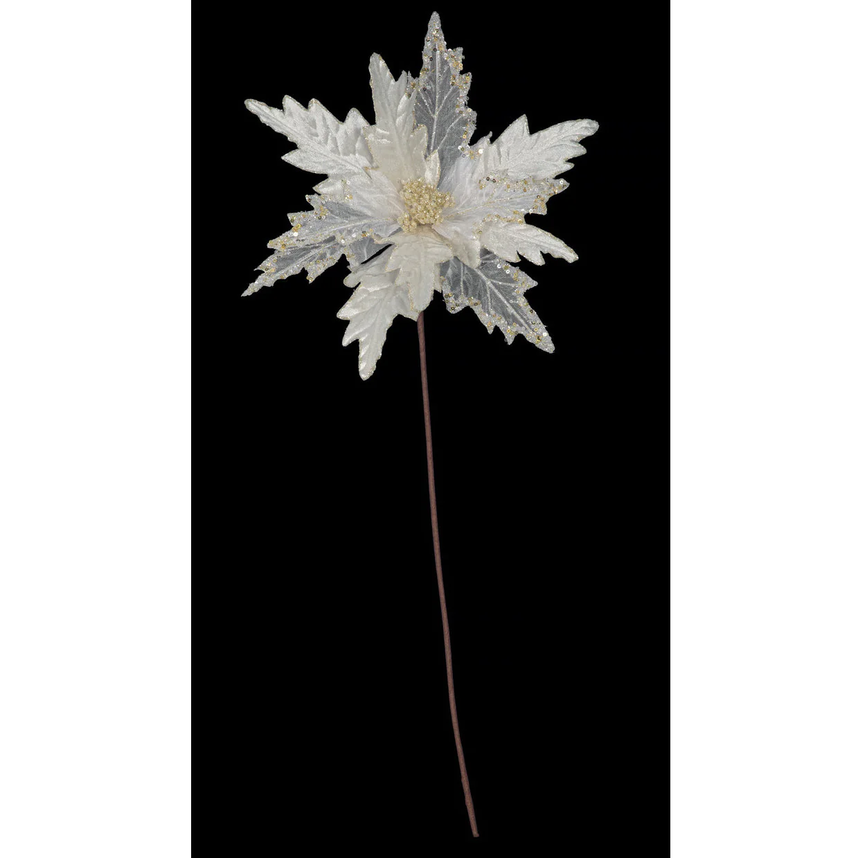 23" Glittered Trim Silk Poinsettia Flower Stem -Ivory/Gold (Pack of 24)