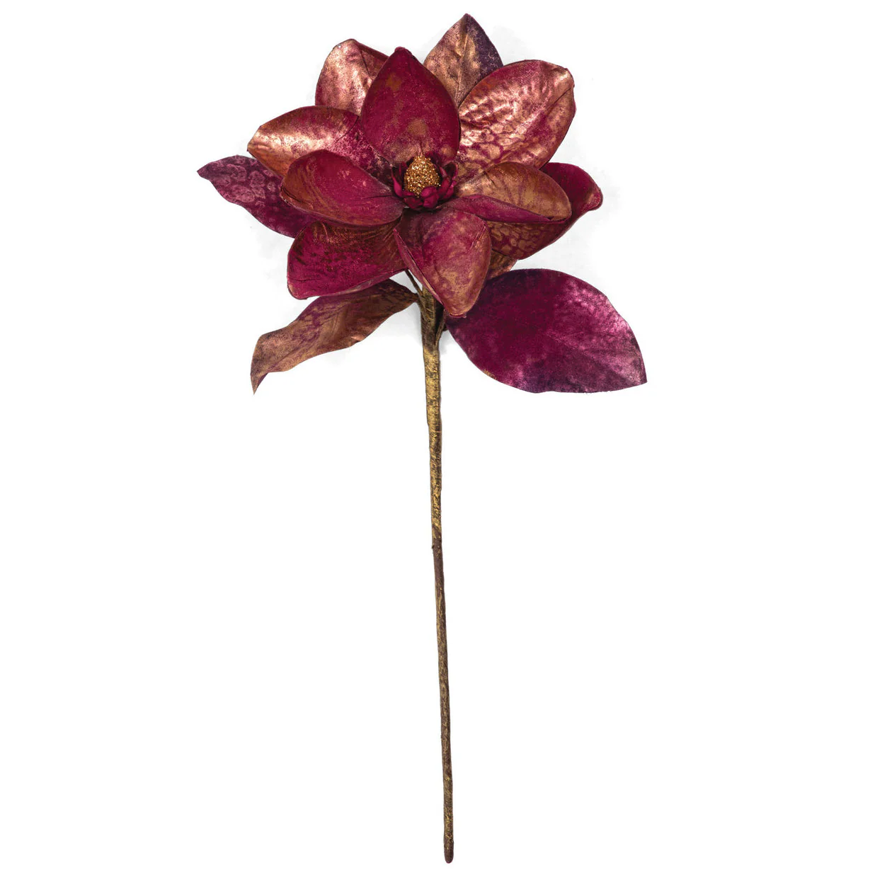 23" Metallic Printed Silk Magnolia Flower Stem -Burgundy (Pack of 12)