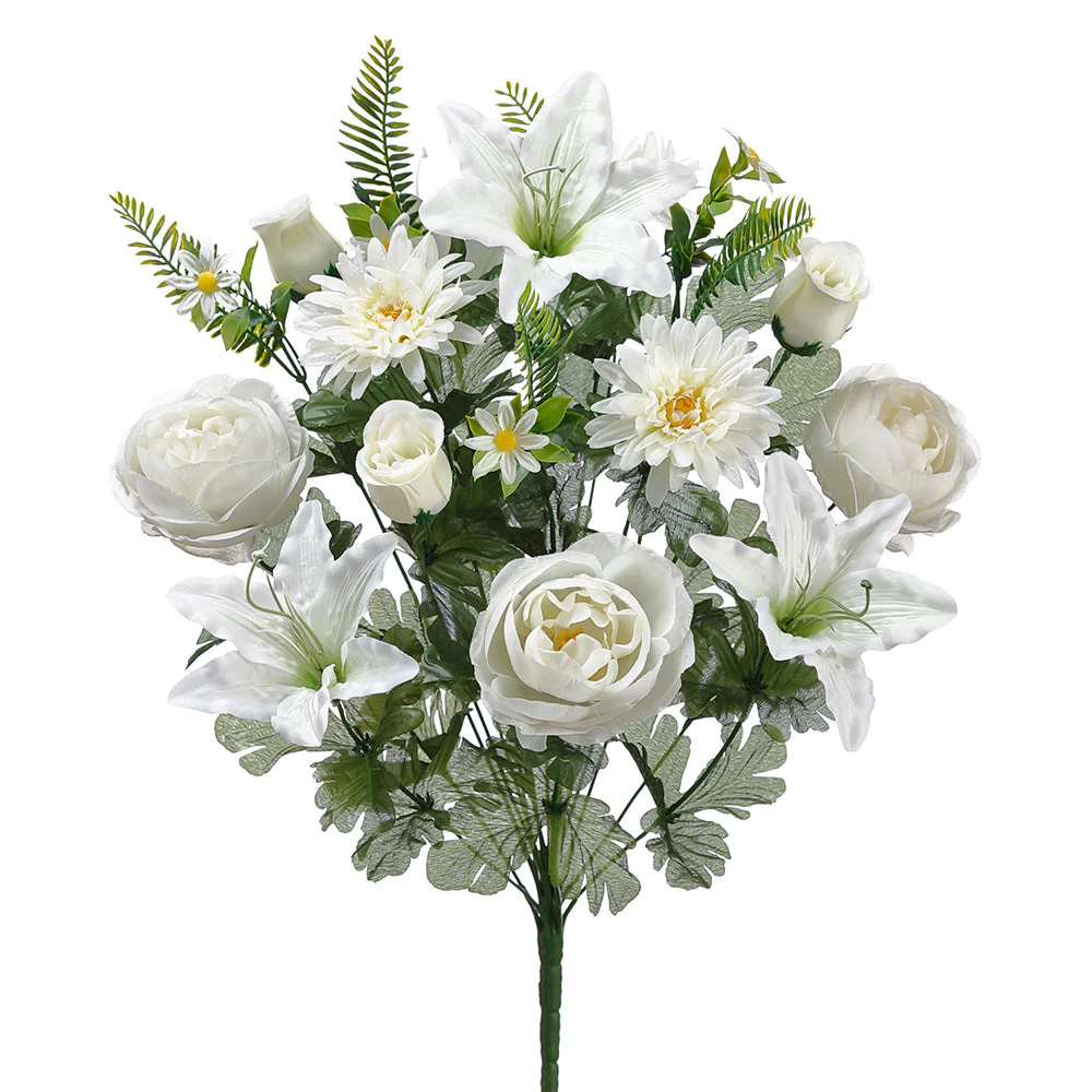 23" Mixed Lily, Rose & Gerbera Daisy Silk Flower Bush -White (Pack of 6)