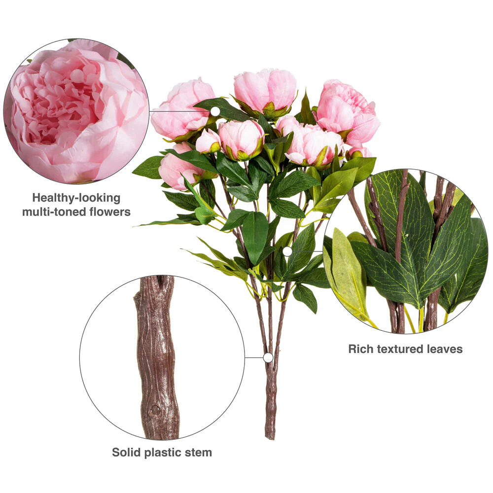 23" Peony Silk Flower Bush -Pink (Pack of 4) - Image 4