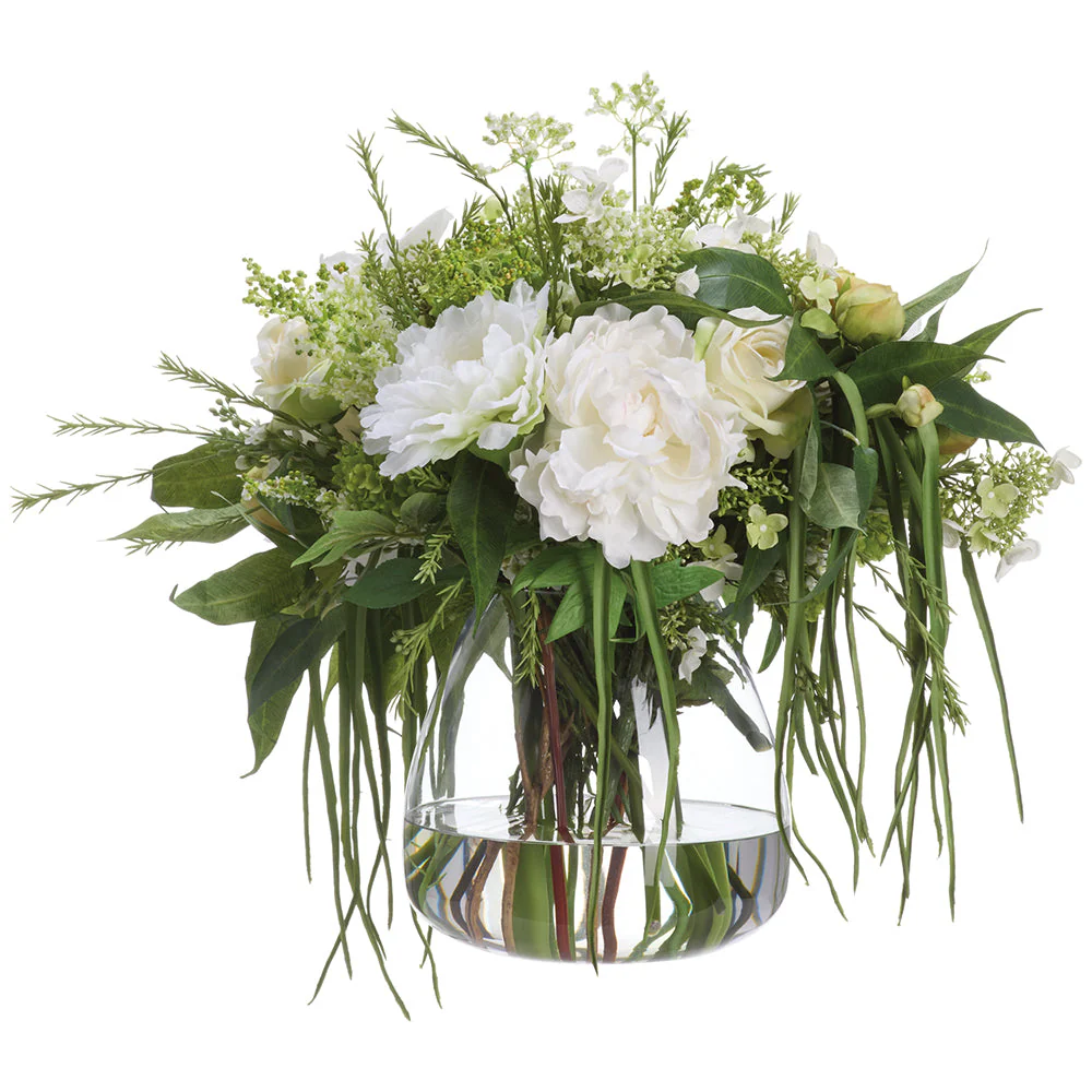 23"Hx26"W Peony, Rose & Amaryllis Silk Flower Arrangement w/Glass Vase -White/Green