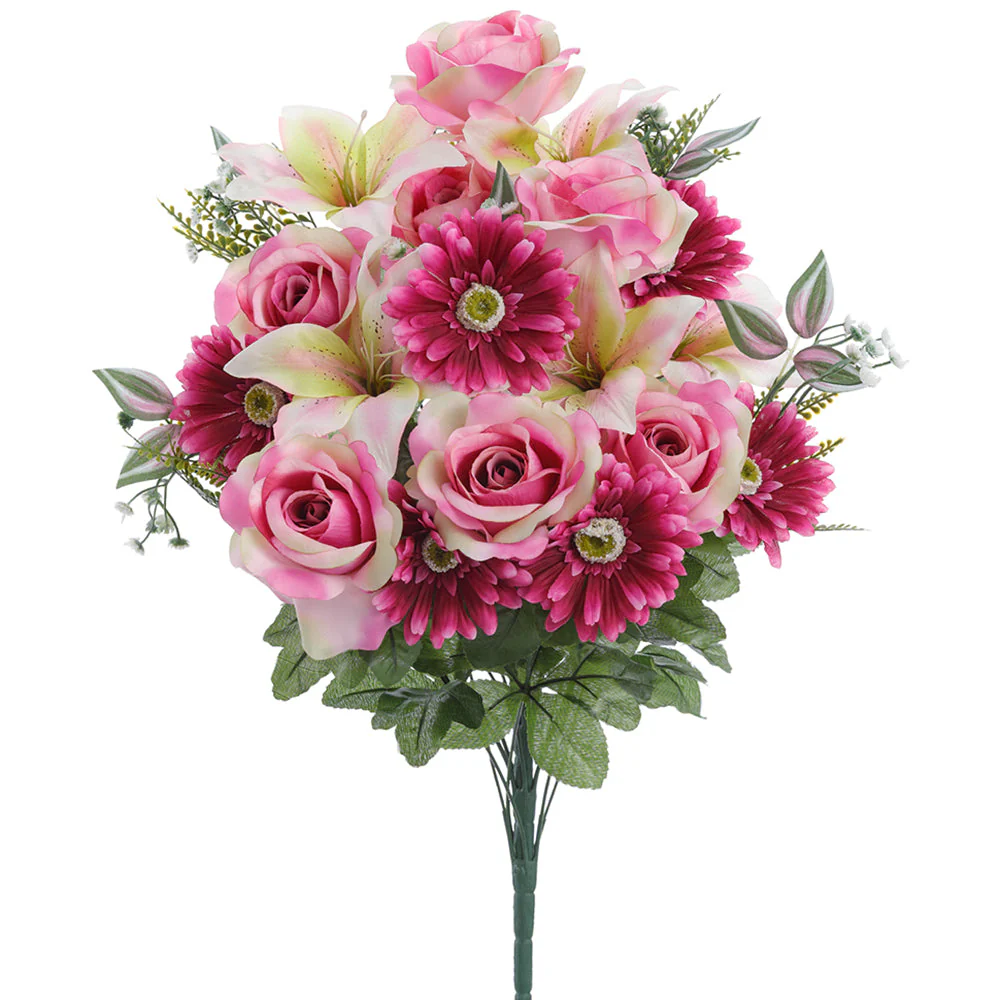24.5" Mixed Gerbera Daisy, Rose & Lily Silk Flower Bush -Violet/Cream (Pack of 6)