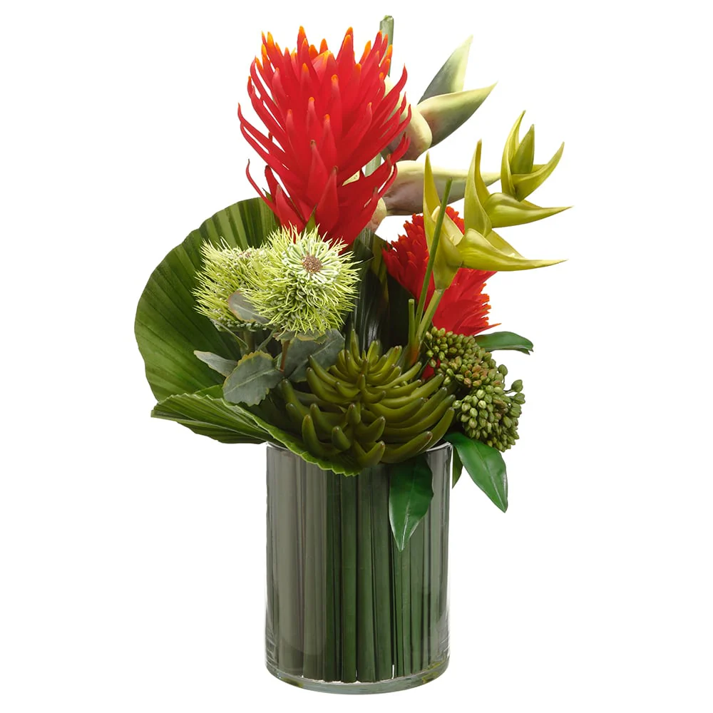 24.5"Hx17"W Artificial Protea, Bromeliad & Grass Flower Arrangement w/Glass Vase -Red/Green
