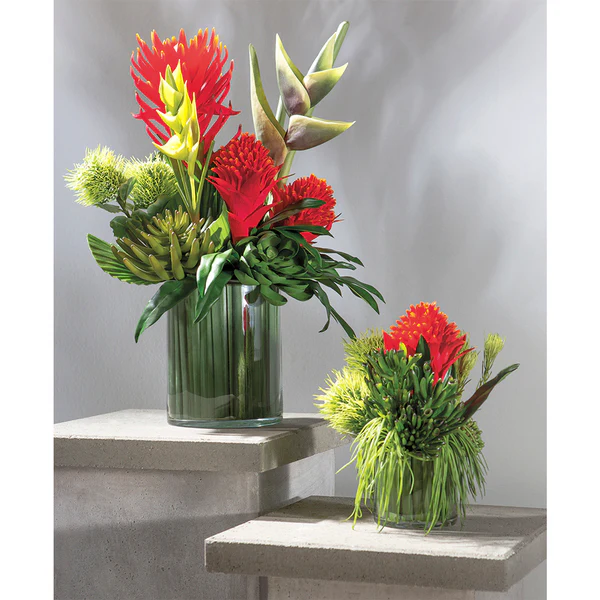 24.5"Hx17"W Artificial Protea, Bromeliad & Grass Flower Arrangement w/Glass Vase -Red/Green - Image 2