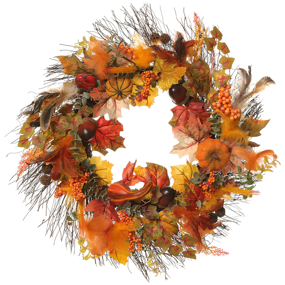 24" Artificial Acorn, Pumpkin & Feather Wreath -Fall (Pack of 4)