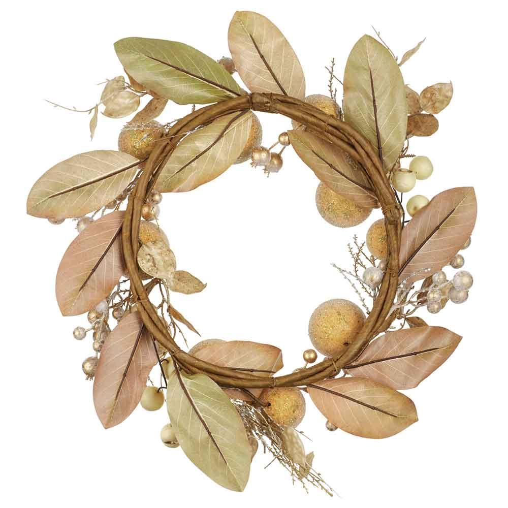 24" Artificial Beaded Ball, Berry & Magnolia Leaf Wreath -Gold - Image 2