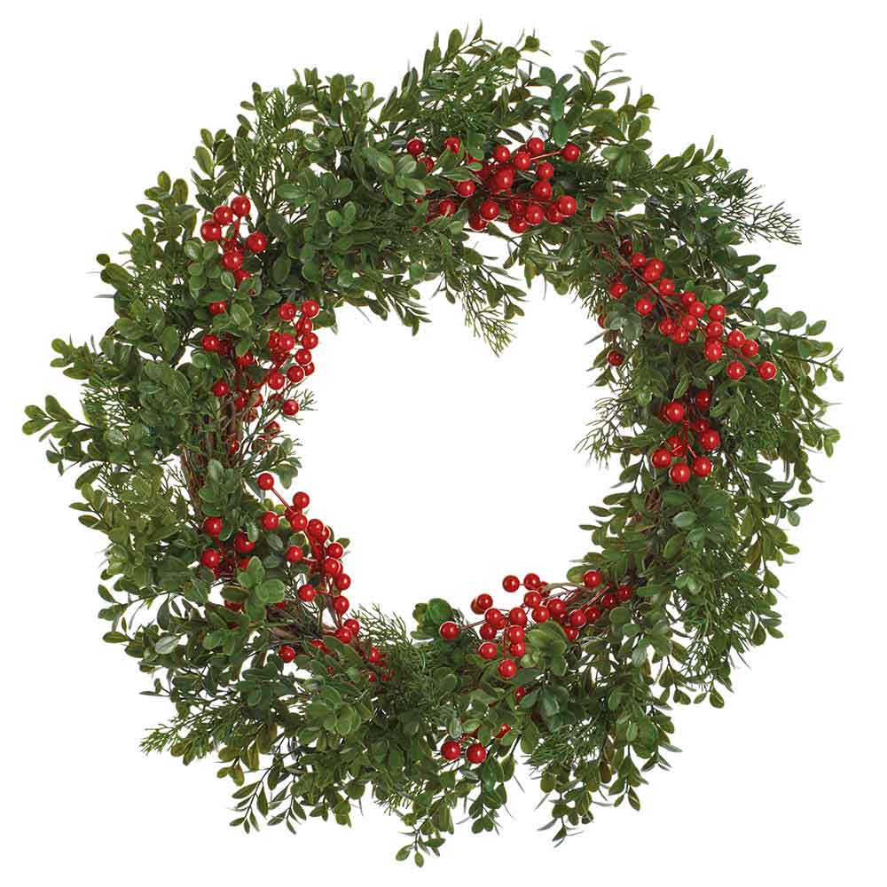 24" Artificial Berry & Boxwood Wreath -Red/Green (Pack of 8)