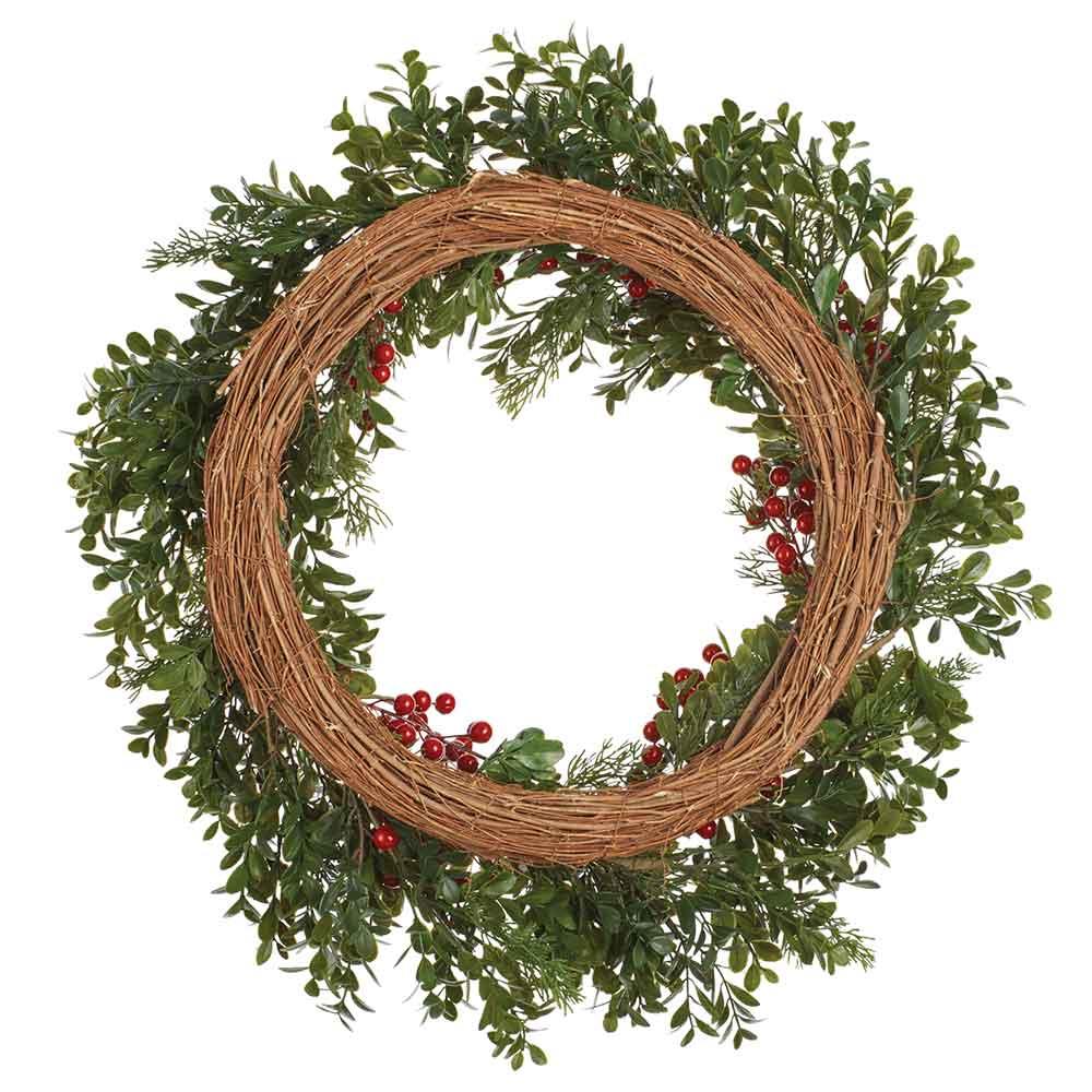 24" Artificial Berry & Boxwood Wreath -Red/Green (Pack of 8) - Image 2