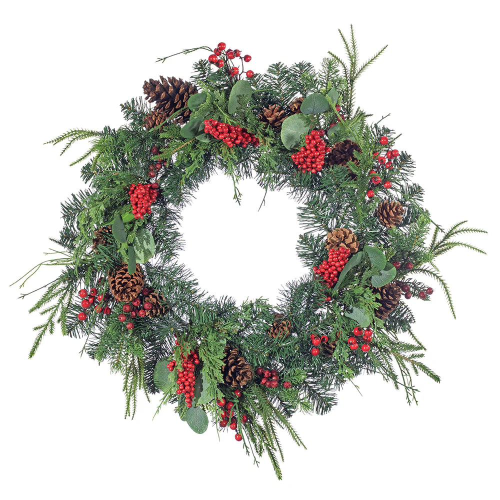 24" Artificial Berry, Eucalyptus Leaf, Pinecone & Pine Wreath -Red/Green (Pack of 2)