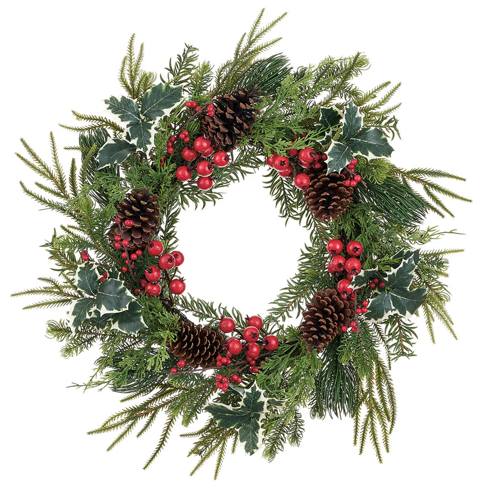 24" Artificial Berry, Pinecone & Mixed Pine Wreath -Green/Red (Pack of 2)