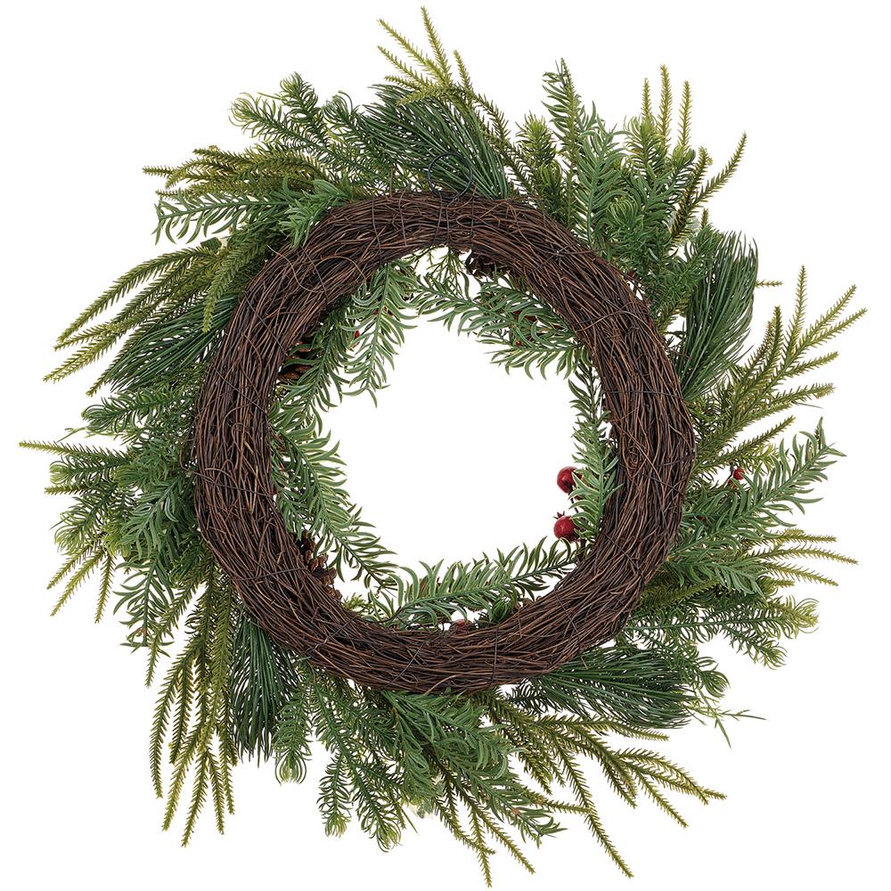 24" Artificial Berry, Pinecone & Mixed Pine Wreath -Green/Red (Pack of 2) - Image 2