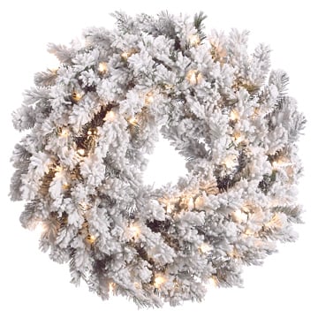 24" Artificial Blackmore Flocked Pine Wreath, Pre-Lit -Snow (Pack of 4)